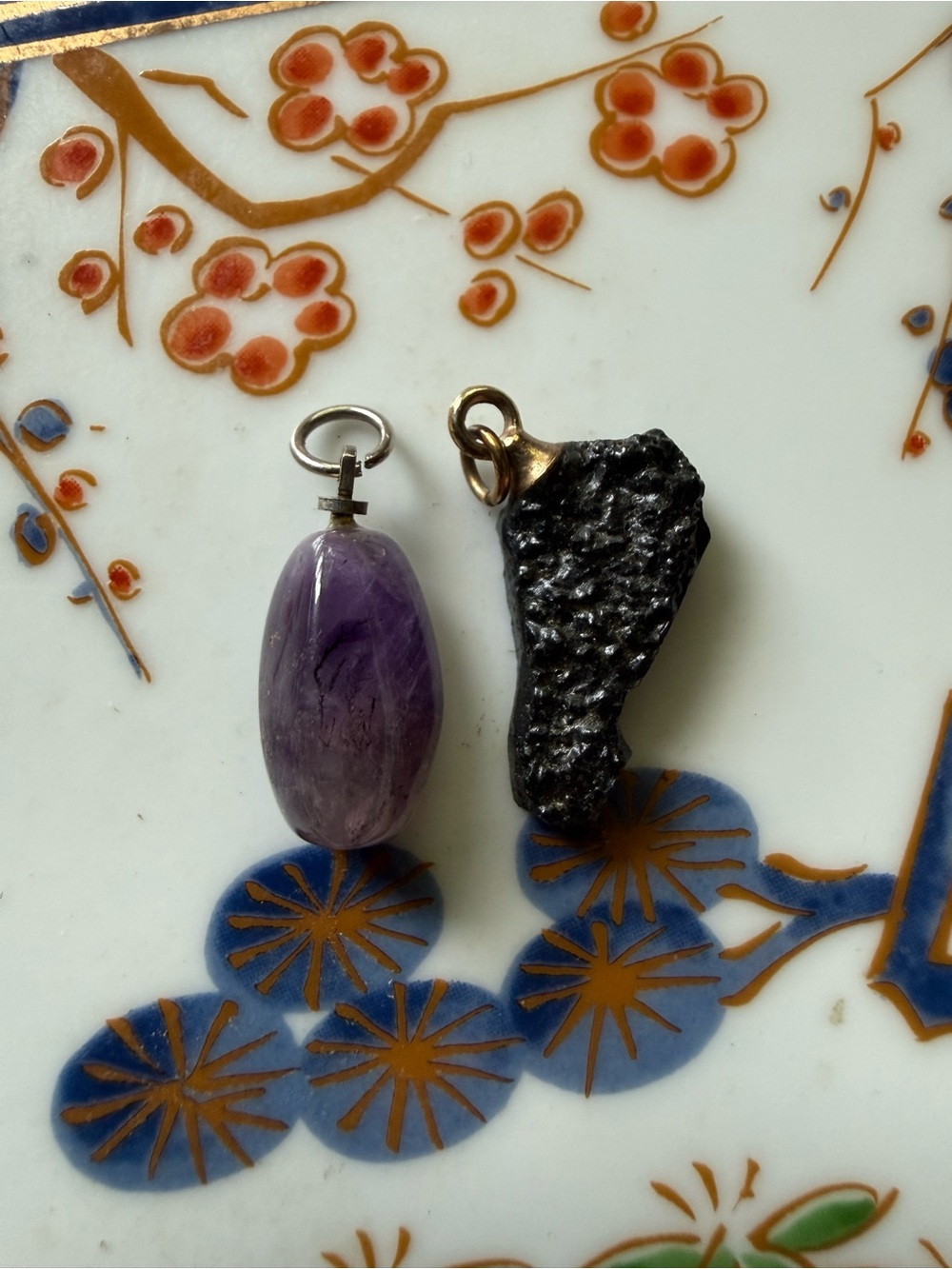 Amethyst & Rough Black Mineral Pendant Charms Set of 2